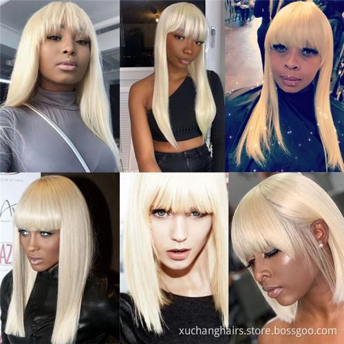 Customized 613 ready to wear remy hair machine made wigs short human hair fringe wigs virgin brazilian hair blonde bob wig
